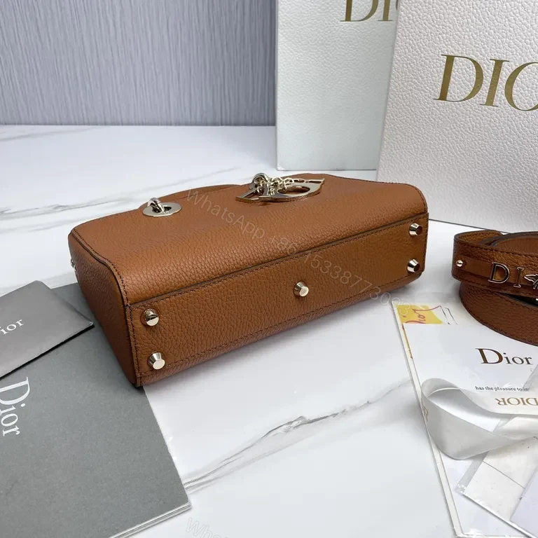 View 7 of Caramel Leather Satchel: Dior-Inspired, Convertible, Gold Charm