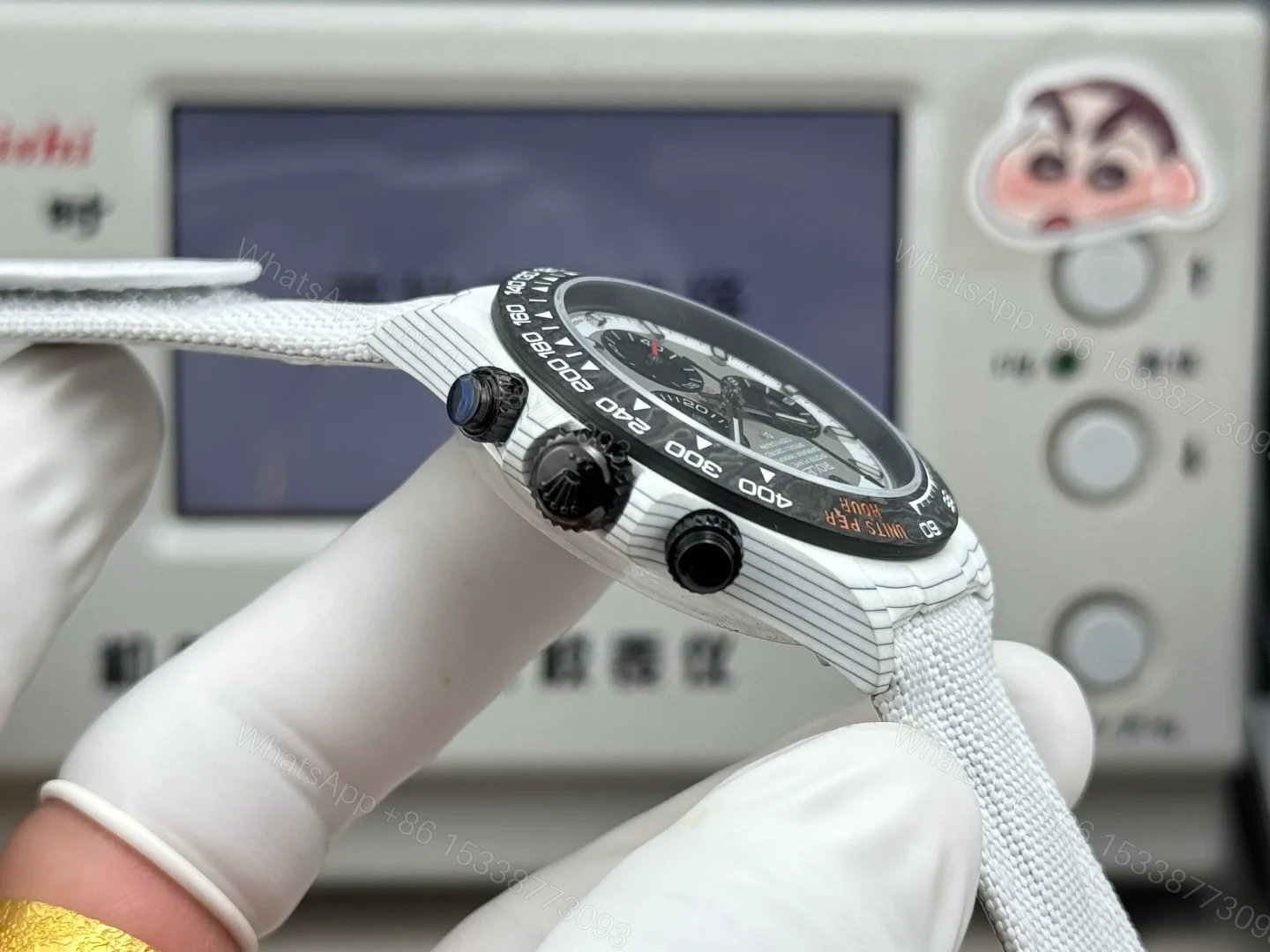 View 7 of Rolex Daytona Carbon Fiber Panda White Strap Replica 40MM Premium Black Bezel EditionRG-ROLEX-DAYTONA-R74-WHITE-STRAP