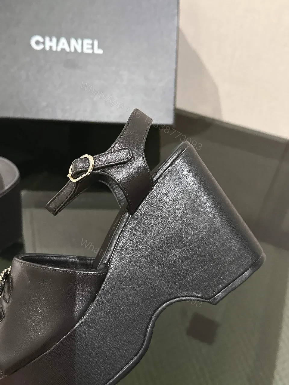 View 6 of Black Leather Block Heel Sandals with Logo Charm, Open Toe, Ankle Strap