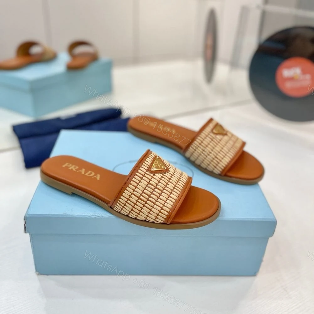 View 2 of Prada Leather Slides With Crochet Details Cognac Brown