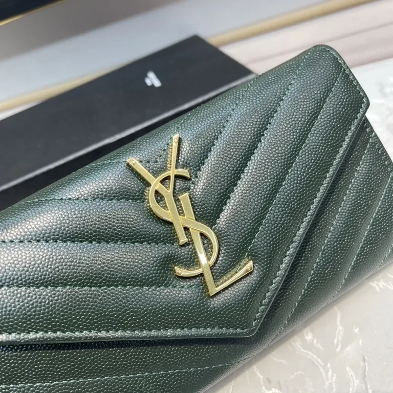 View 5 of Emerald Chevron Leather Wallet by YSL, Compact Luxury