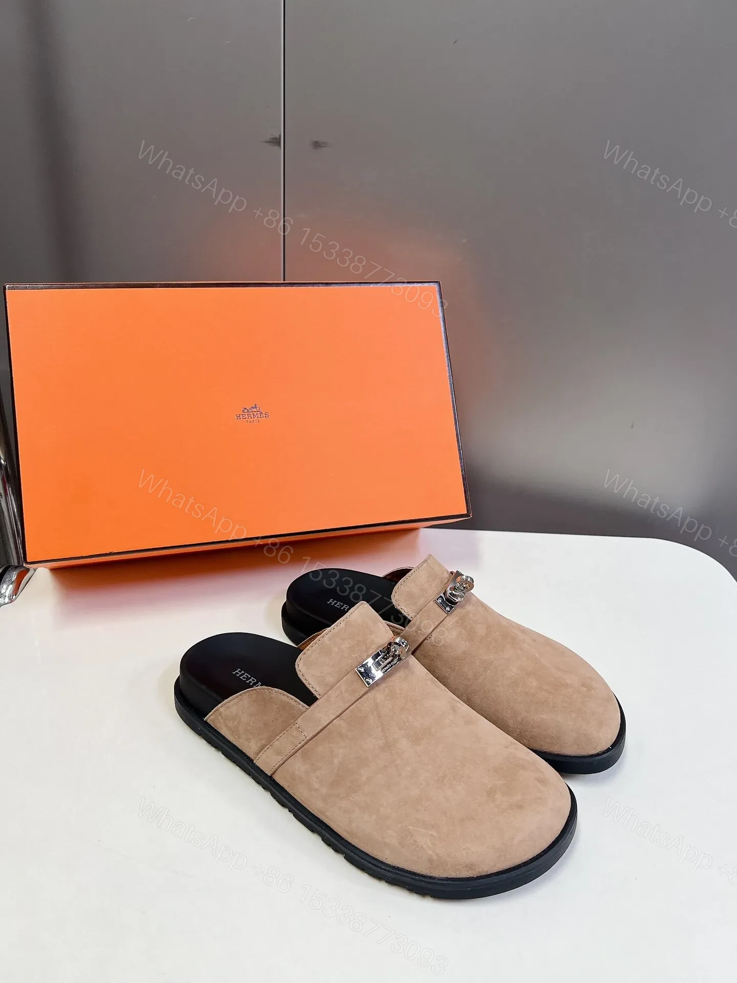 View 5 of Hermes Women Beige Suede Leather Slippers