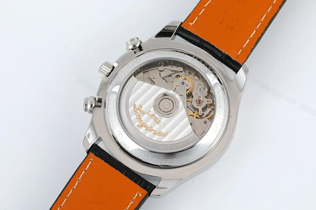 View 8 of Longines Master Collection Moonphase V4 Black Dial Stainless Steel Watch with Leather Strap