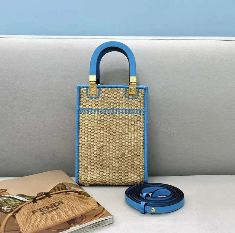 View 5 of Blue Leather-Trim Straw Tote by FENDI ROMA, Luxe Crossbody-Ready