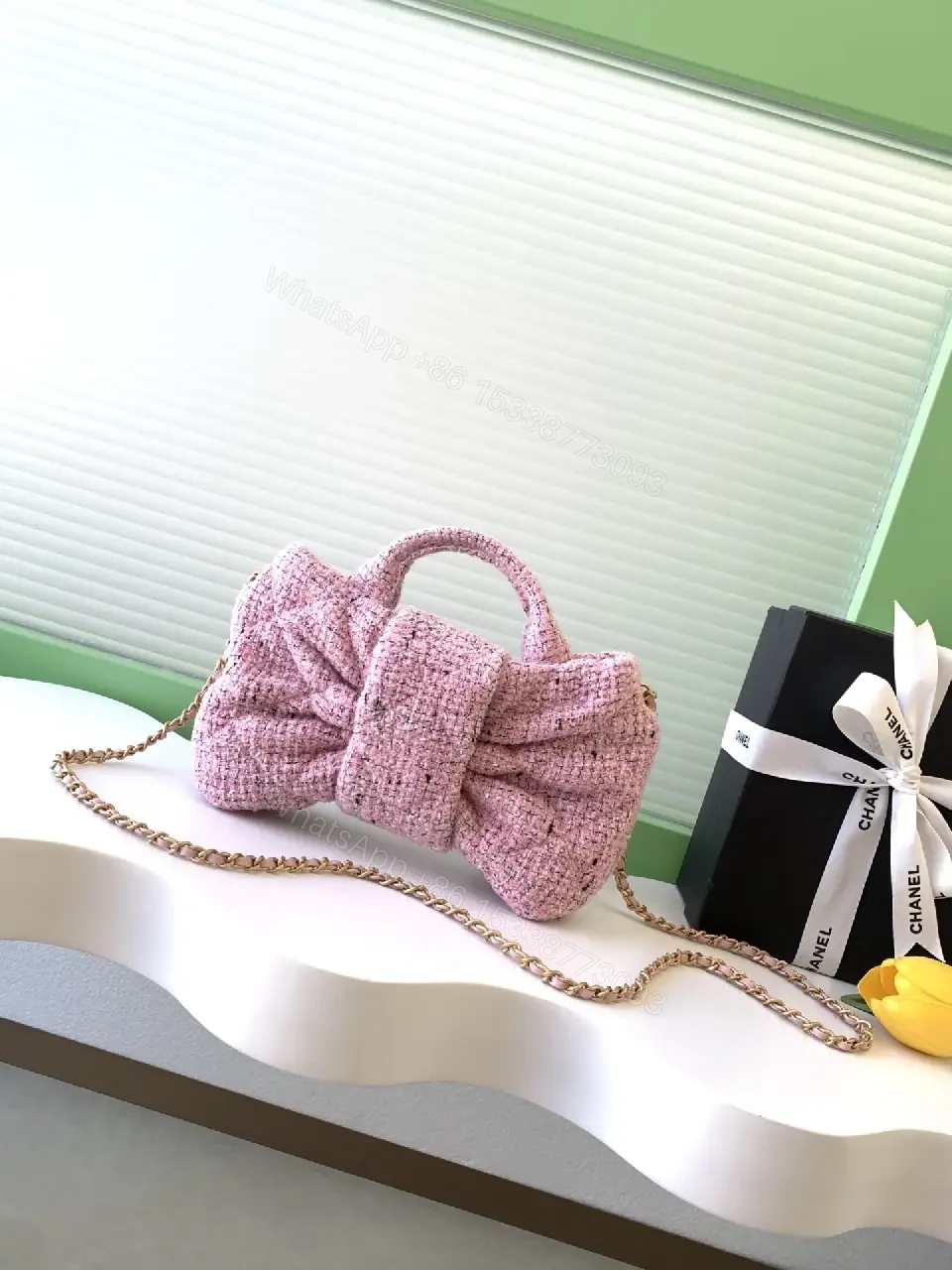 View 7 of Pink Tweed Bow Satchel, Gold Logo Clasp, Designer-Inspired Style