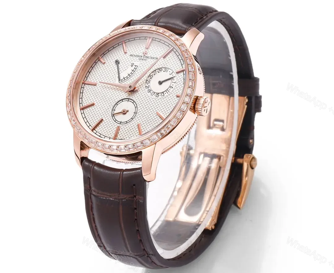 View 6 of GS Factory Vacheron Constantin Traditionnelle 83520/000R-9909 Rose Gold Mechanical Watch with Brown Leather Strap – Multi-Function with Power Reserve, Date, and Small Seconds