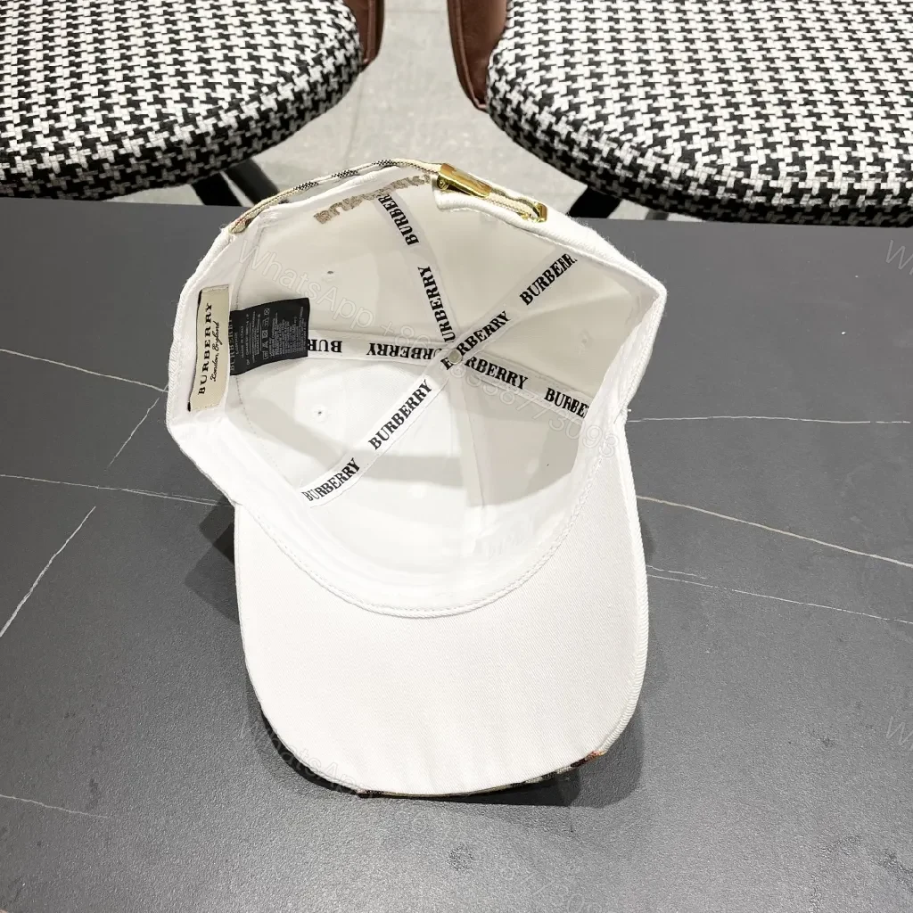 View 7 of White Plaid-Visor Sports Cap with Golden Motif Embroidery
