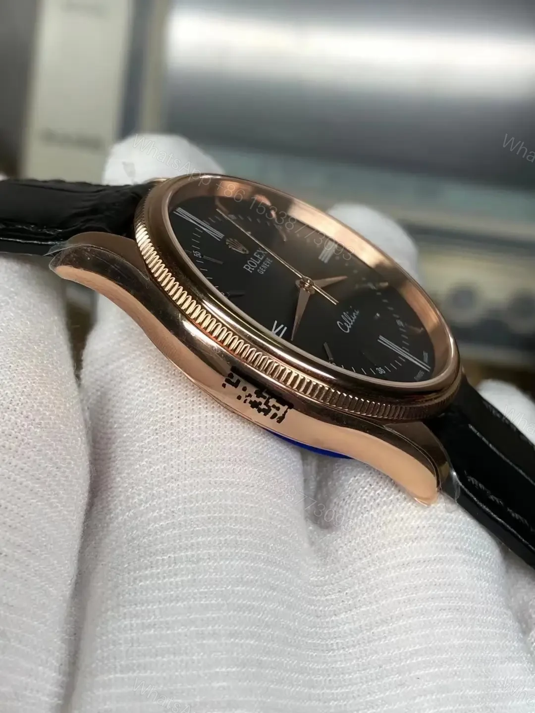View 6 of Rolex Cellini Time 50505 39mm Everose Black Dial Black Alligator Strap Watch 50505-0009
