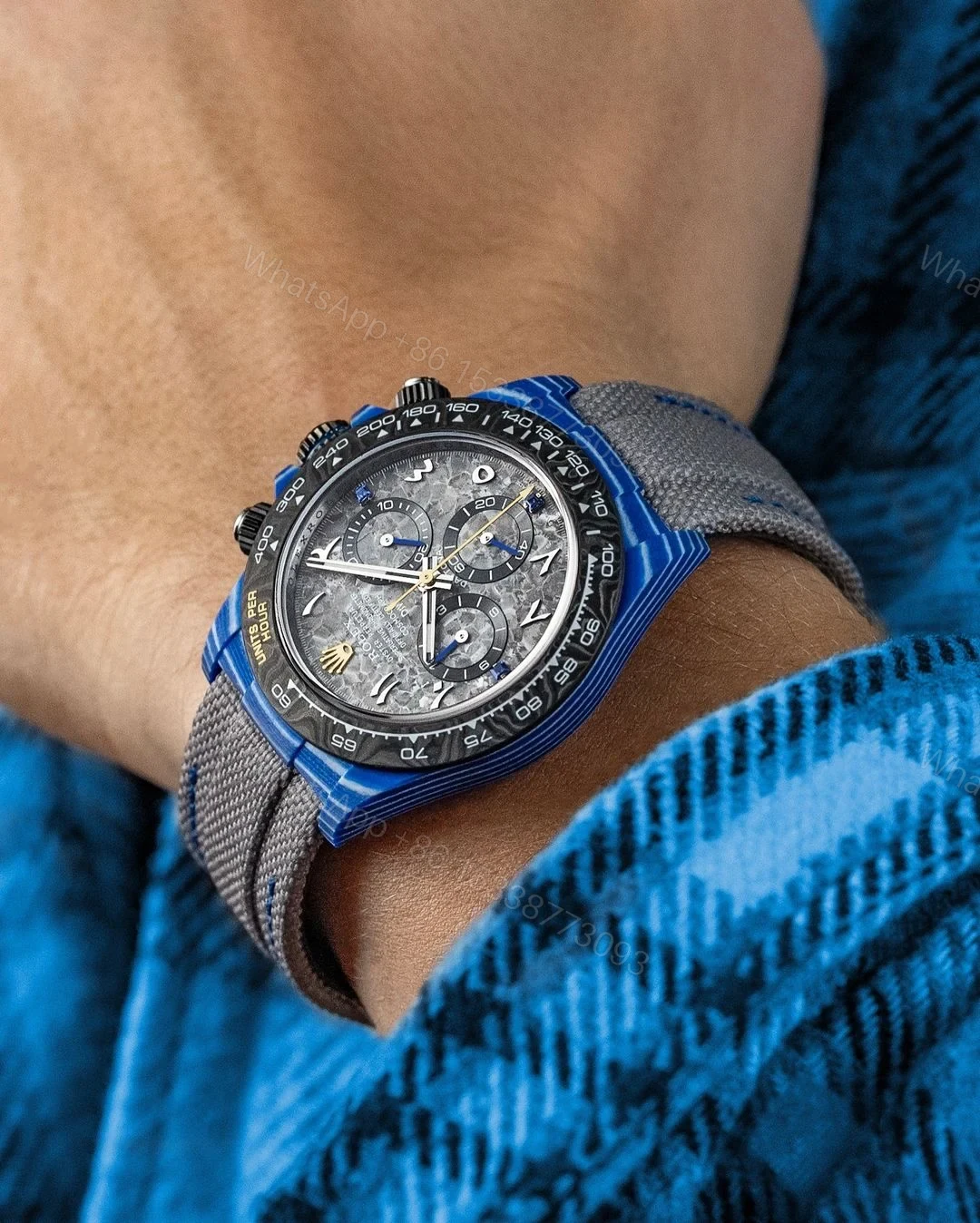 View 2 of Replica Rolex Daytona DiW Blue Carbon Grey Crystal Dial Nylon Strap 40mm