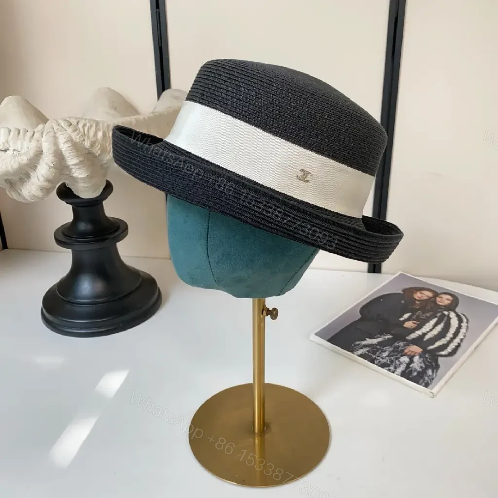 View 9 of Black Straw Fedora Hat with Beige Band Chanel Logo - Classic Style