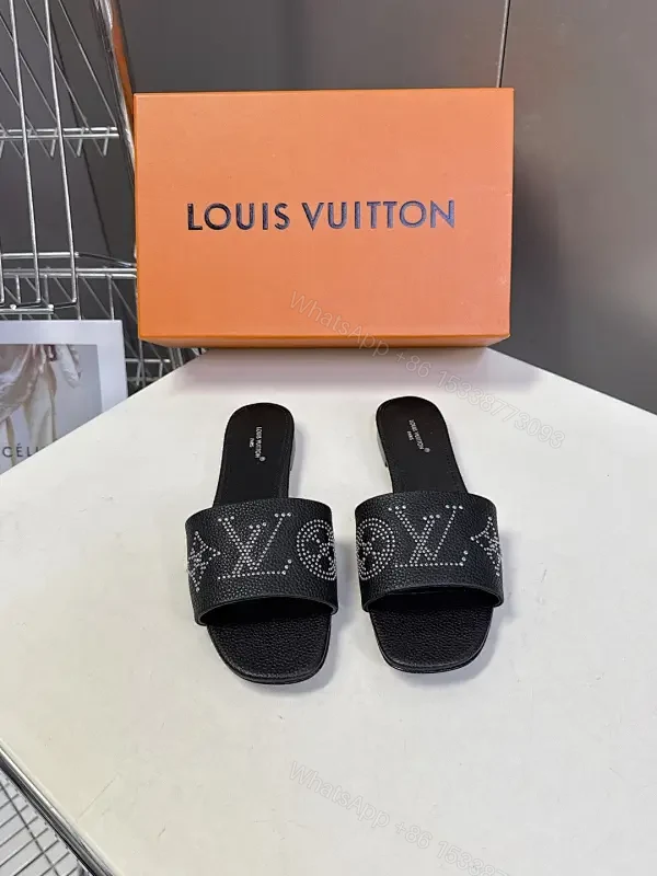 Black Leather Slide Sandals with Crystal Embellishment - Comfort, Luxury — view 1