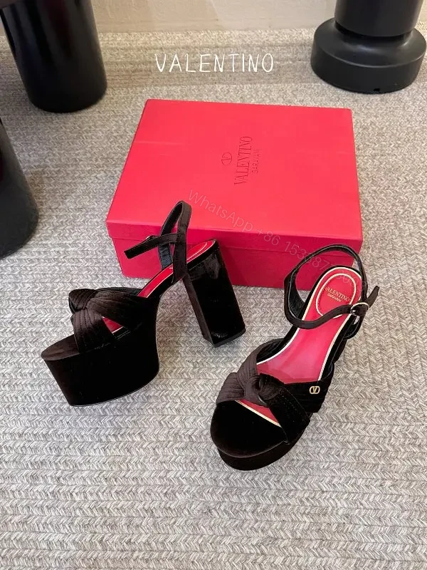 Red Velvet Slingback Platform Heels, Block Heel, Valentino Style — view 1