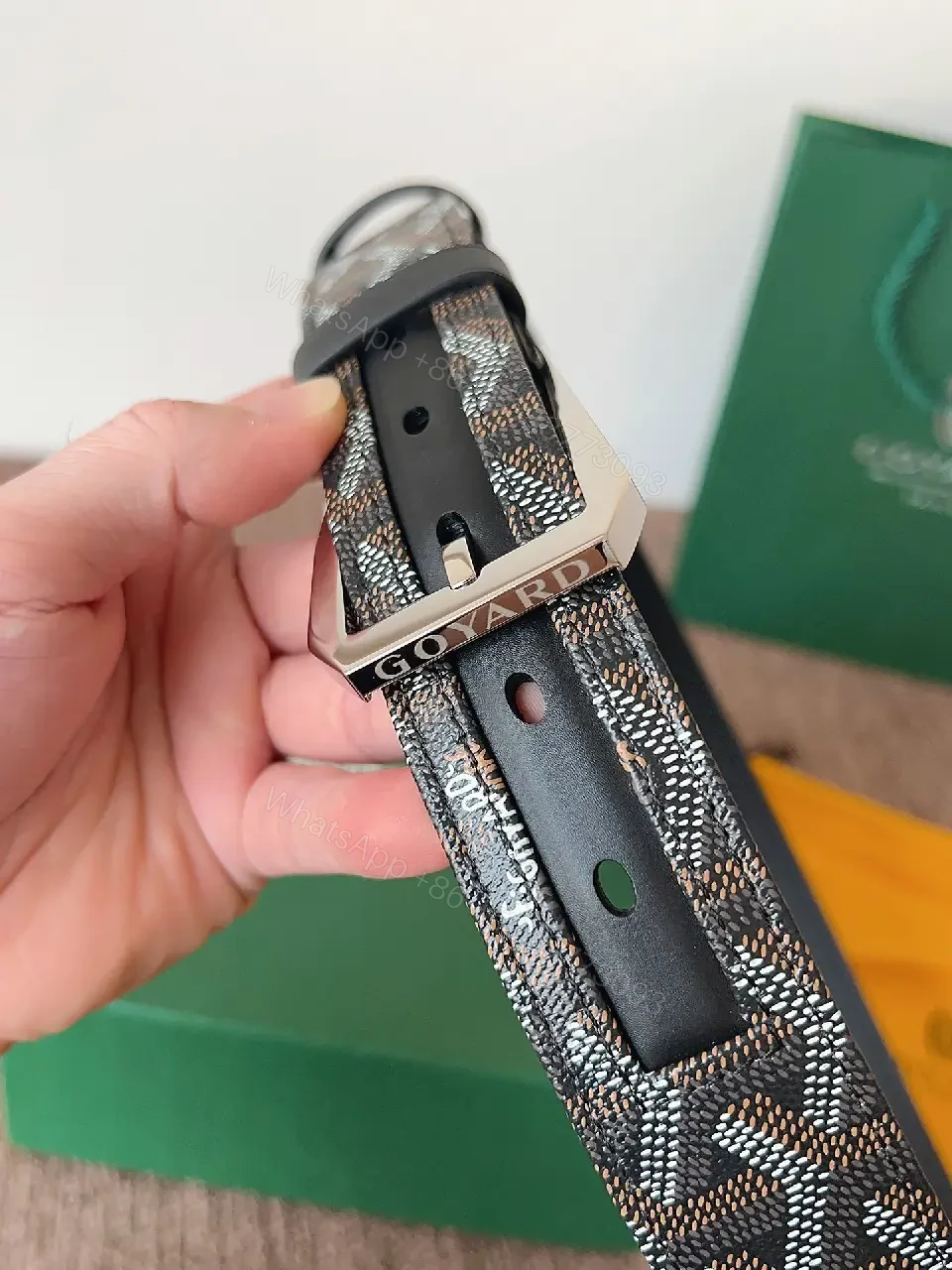 View 3 of Textured Leather Belt with Signature Hardware, Slim Webbing buckle