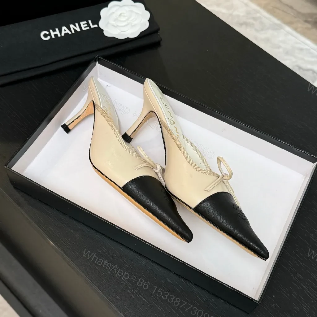 View 8 of Two-Tone Ivory/Black Slingback Heels — Modern Couture Comfort