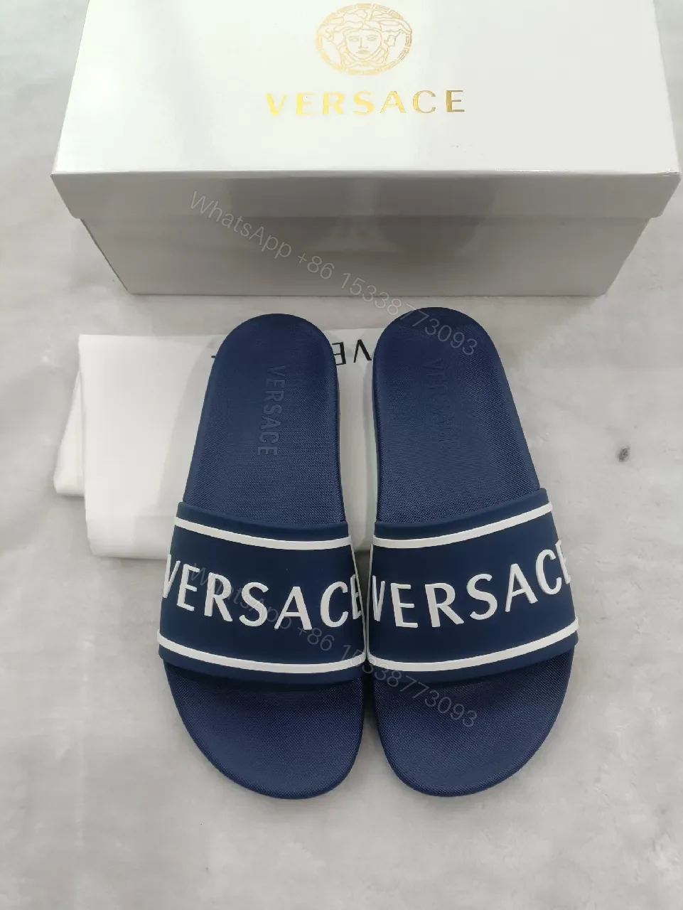 View 7 of Bold Navy Leather Slide: Luxe Logo Strap Comfort Slides