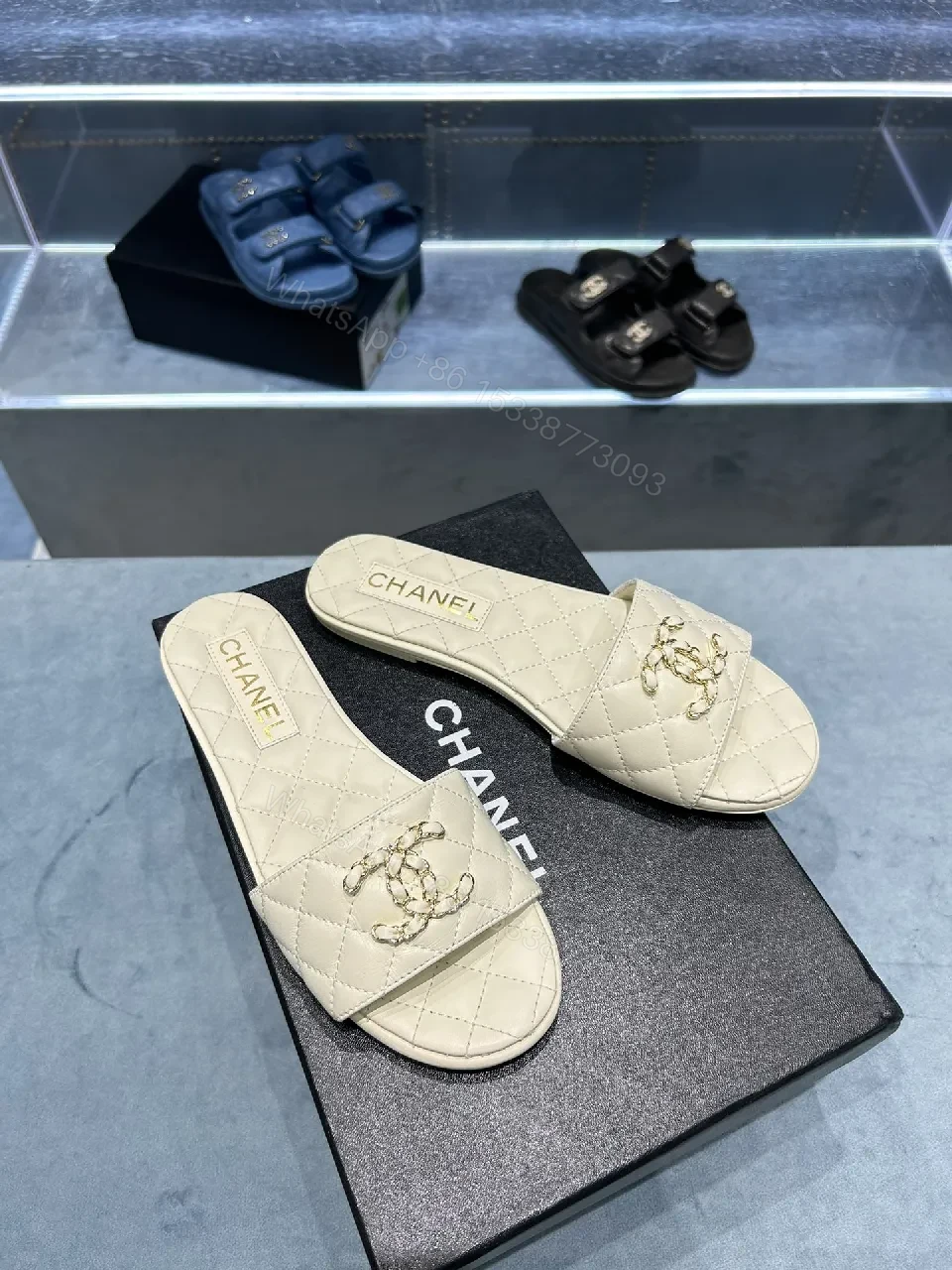View 8 of Beige Quilted Slide: Luxe Comfort, Subtle Logo