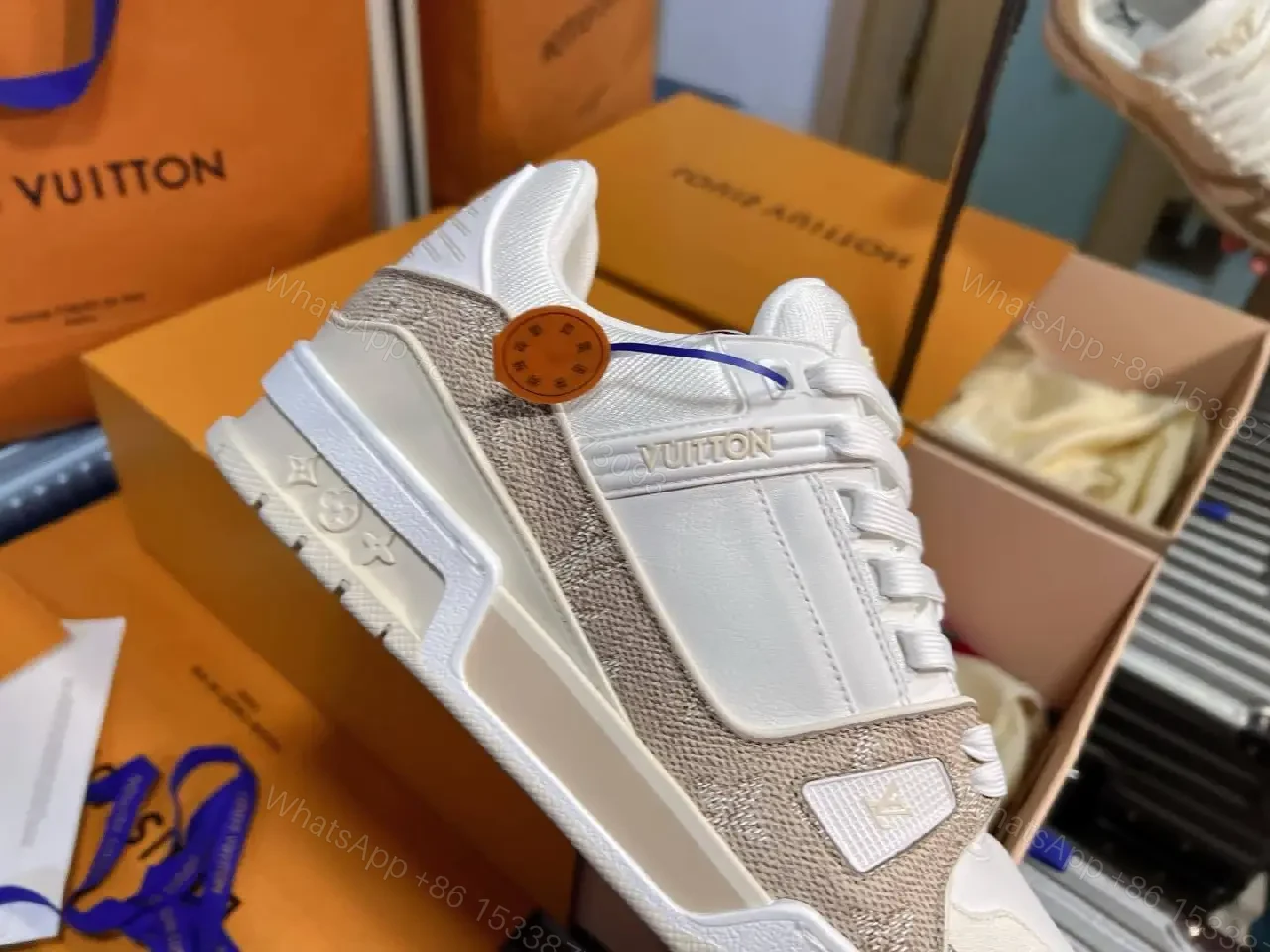 View 3 of Premium White & Sand Textured High-Top Sneakers