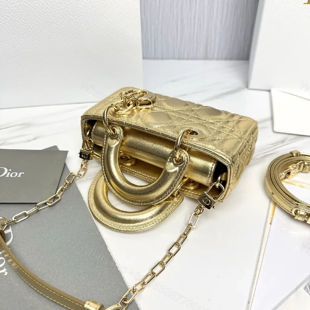View 8 of Lux Gold-Gloss Quilted Leather Mini Handbag, Compact Luxe Shine