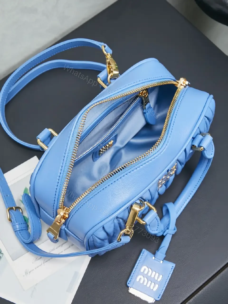 View 3 of Bright Blue Quilted Structured Satchel with Top Handles Analogous to Miu Miu-style Gold Hardware Bag