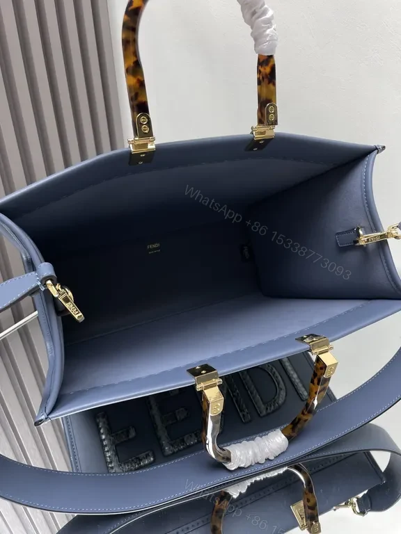 View 3 of Blue Fendi Structured Tote: Bold Logo, Tortoise Handles, Gold Hardware