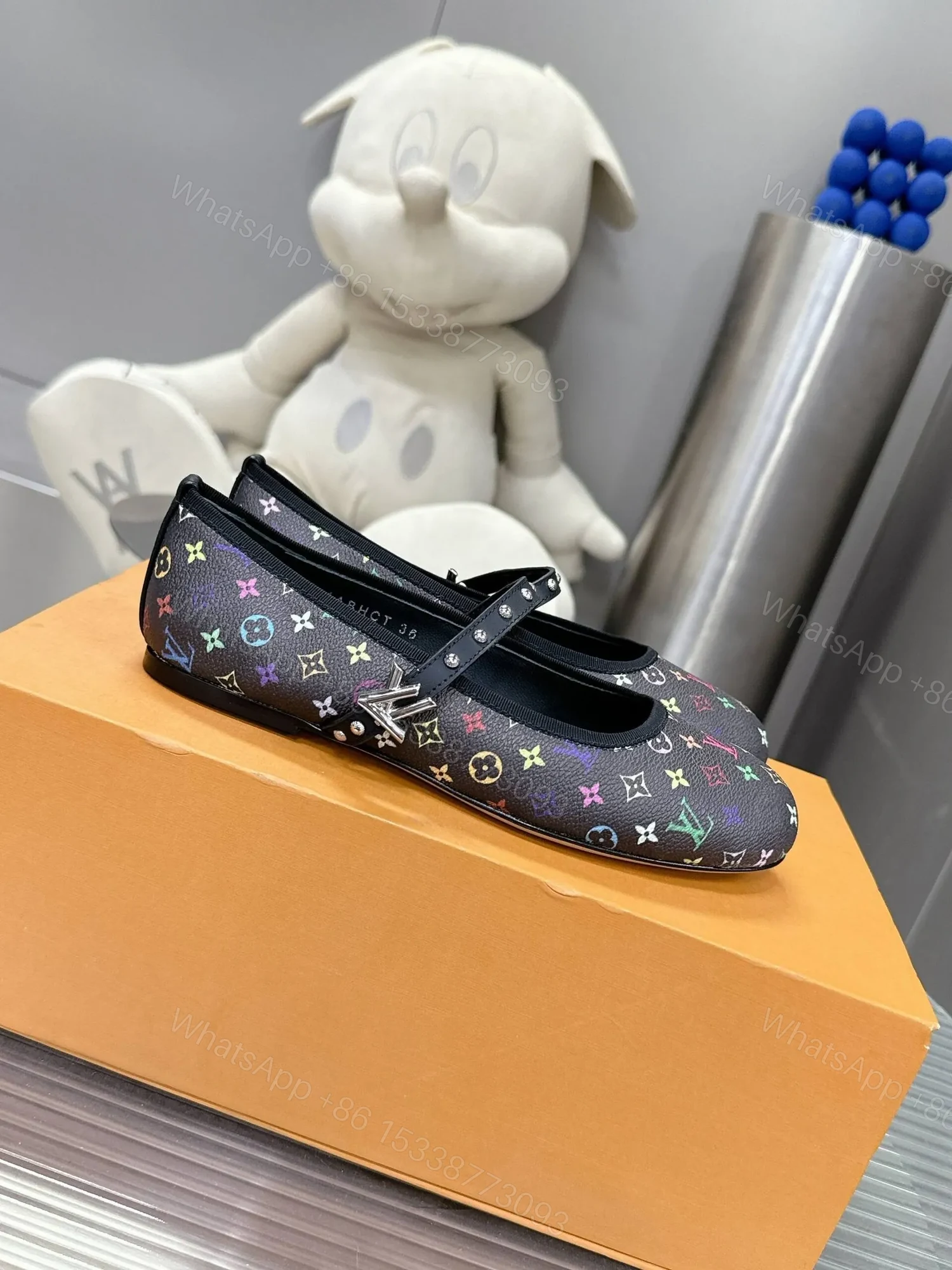 View 3 of LV Women Black Leather Multicolor Monogram Mary Jane Flats