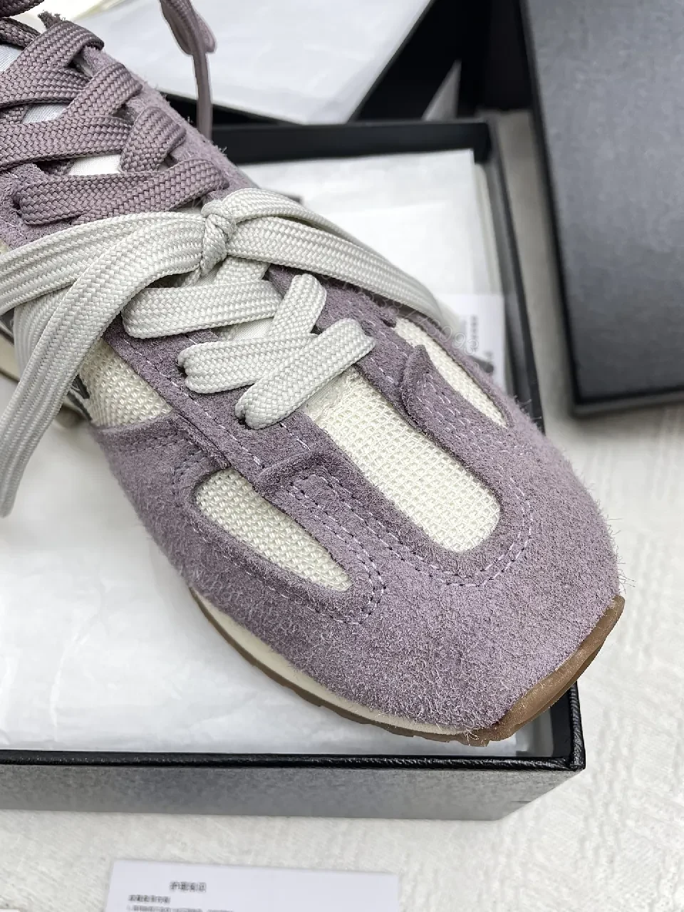 View 6 of Lavender Suede & Cream Knit High-Top Sneakers – Luxury Chic Style