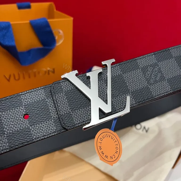 View 2 of Chic LV-Pattern Leather Belt with Signature Buckle