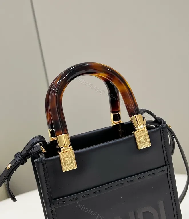 View 6 of Compact Leather Mini Handbag with Tortoishell Handle - Black, Fendi-inspired Style