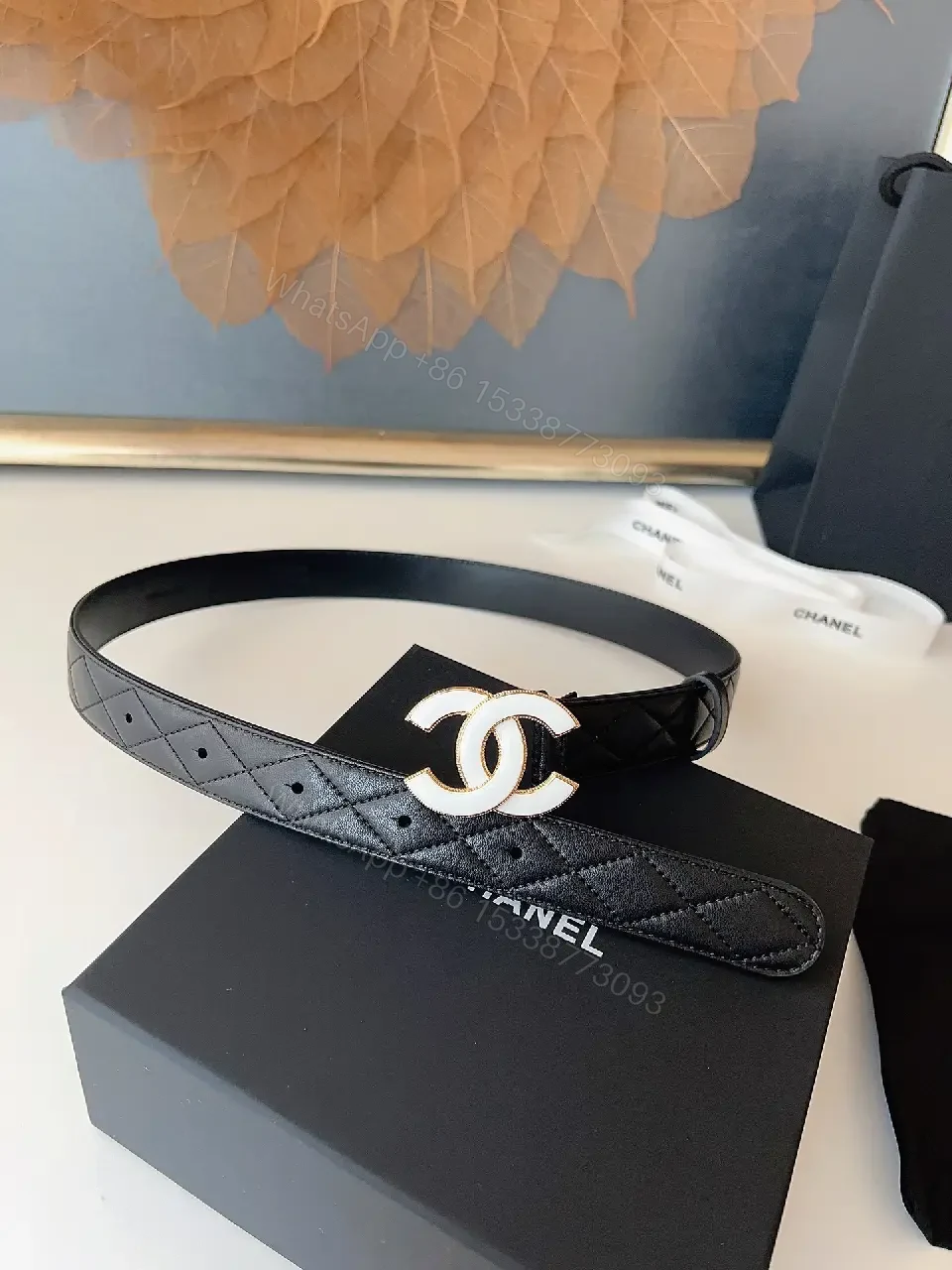 View 8 of Chic Quilted Leather Belt with Gold-C Buckle (60)