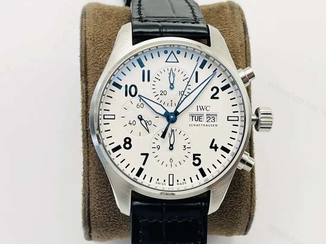 IWC White Pilot Chronograph Blue Hands Leather Strap Ultimate 43MM IWC-PILOT-CHR-WHT43-BH — view 1
