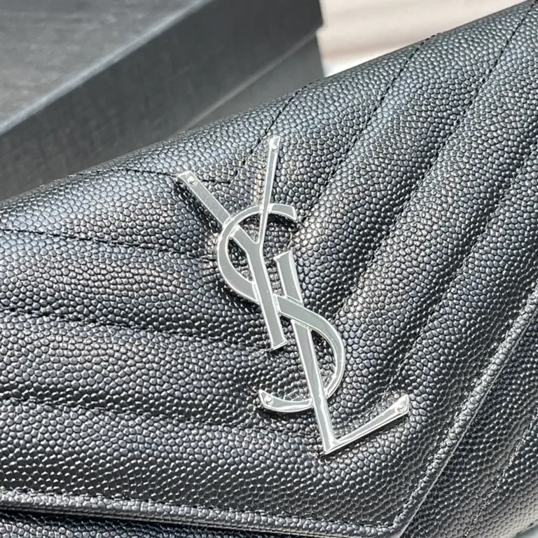 View 7 of Pebbled Leather Envelope Wallet - YSL Hardware, Black, Luxury Style