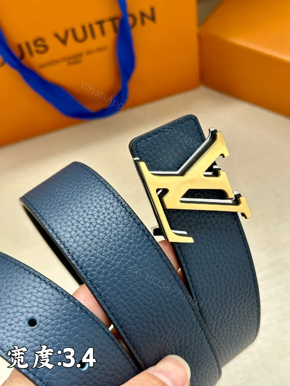 View 4 of Blue Leather Belt with LV Buckle – Modern Luxury Belt