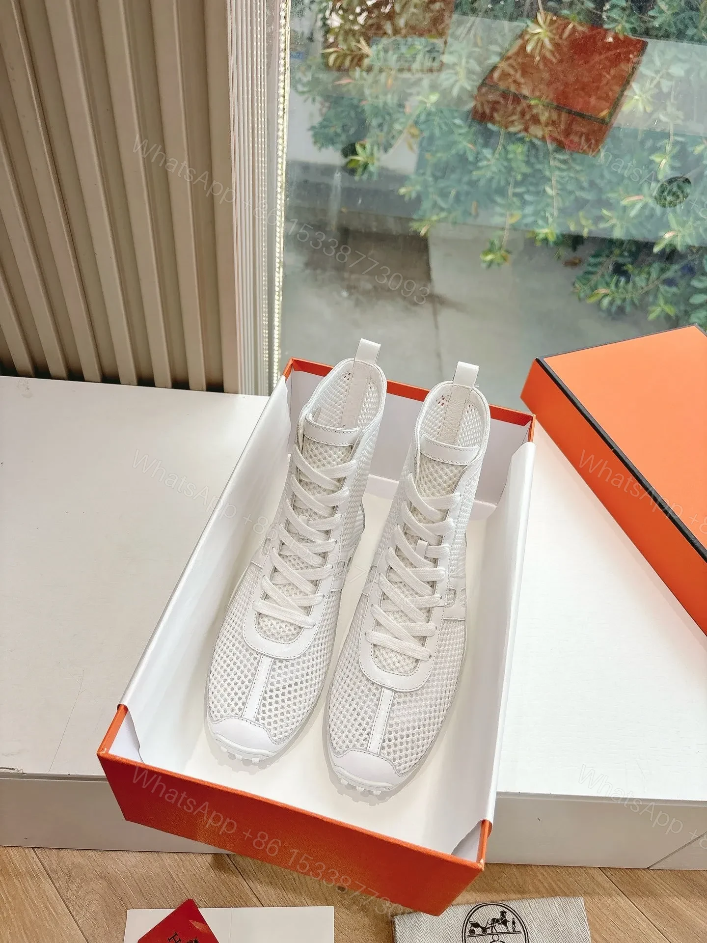 View 3 of Hermes Women White Mesh Leather Sneakers