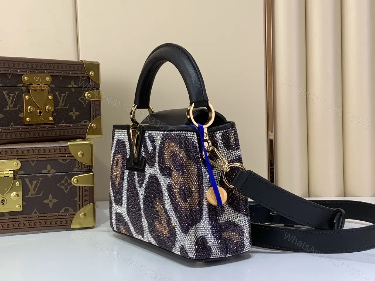 View 9 of Leopard Glitter Sequined Top-Handle Bag with LV Clasp