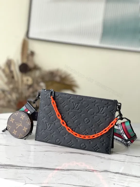 Bold Black LV Monogram Clutch with Neon Chain — view 1