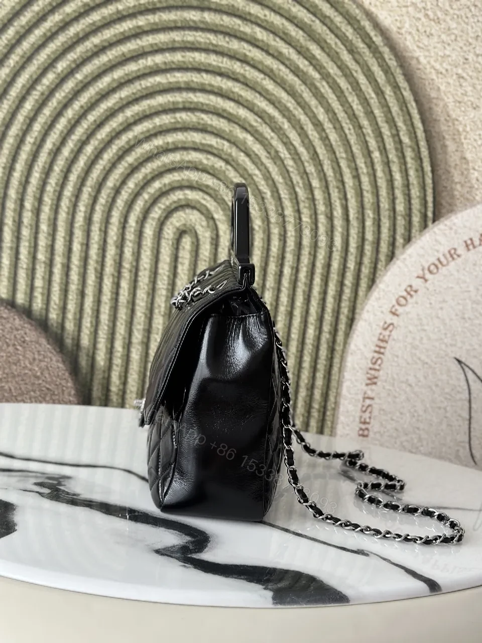 View 3 of Quilted Calf Leather Handbag: Modern Black Chain Capture