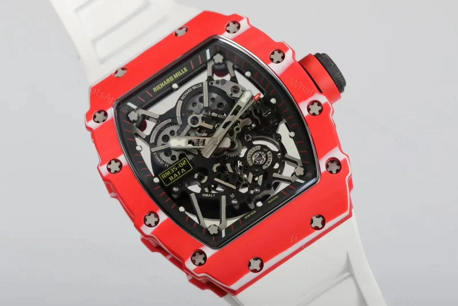 View 4 of Richard Mille RM35-02 Automatic Skeleton Watch Red Carbon Fiber Case White Strap RMAL1 Movement Premium Edition RM-RM35-02-RED-WHT-SKL