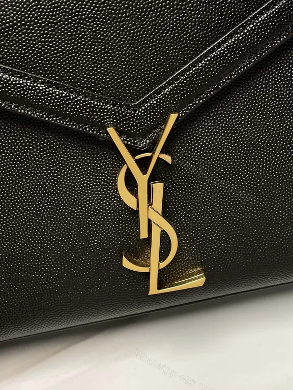View 6 of Black Pebbled Leather Flap Bag - Gold Logo, Structured Chic Bag