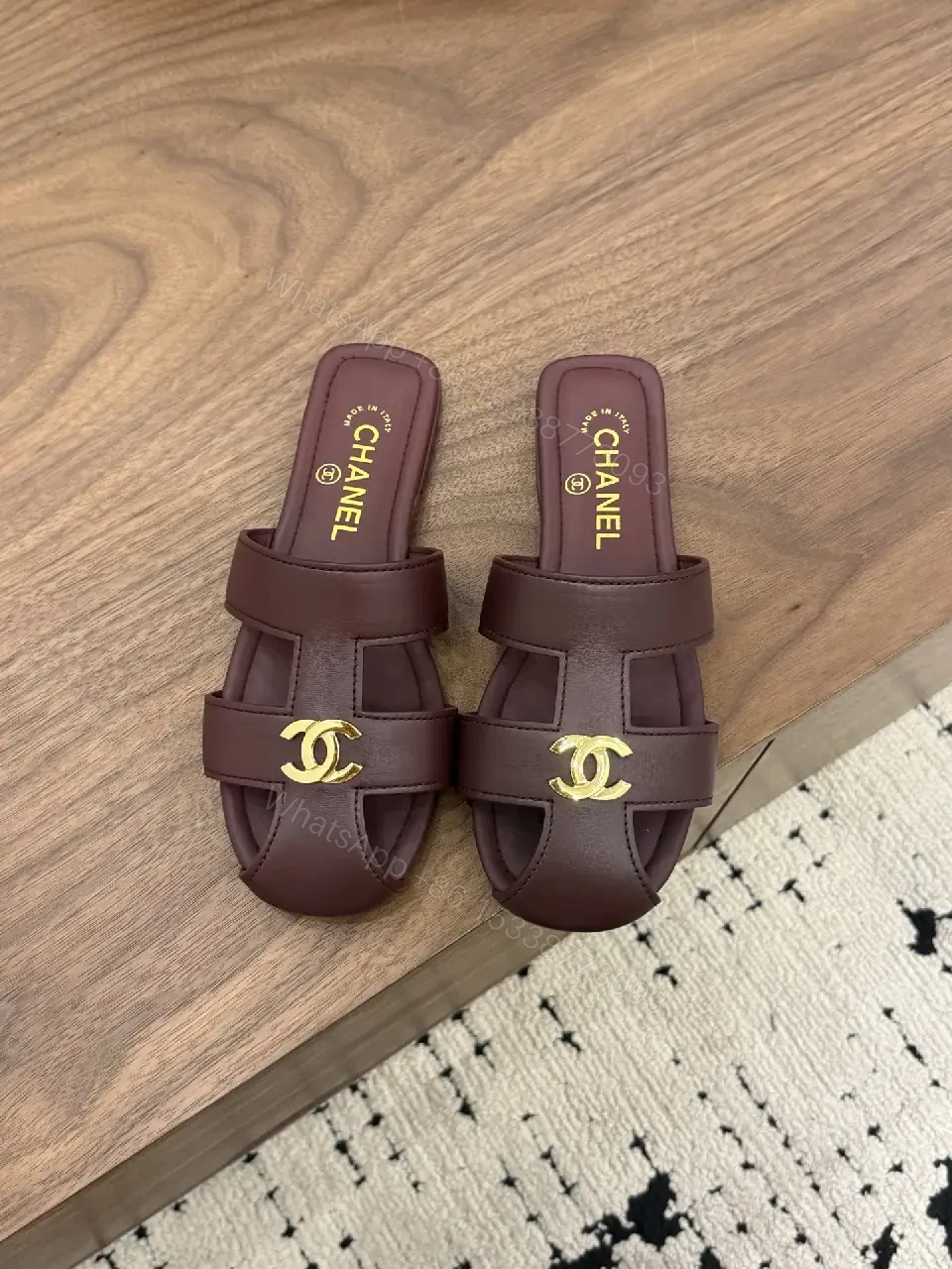 View 4 of Brown Leather Sandals, Gold CHANEL Logo, Slides, Open-Toe Style