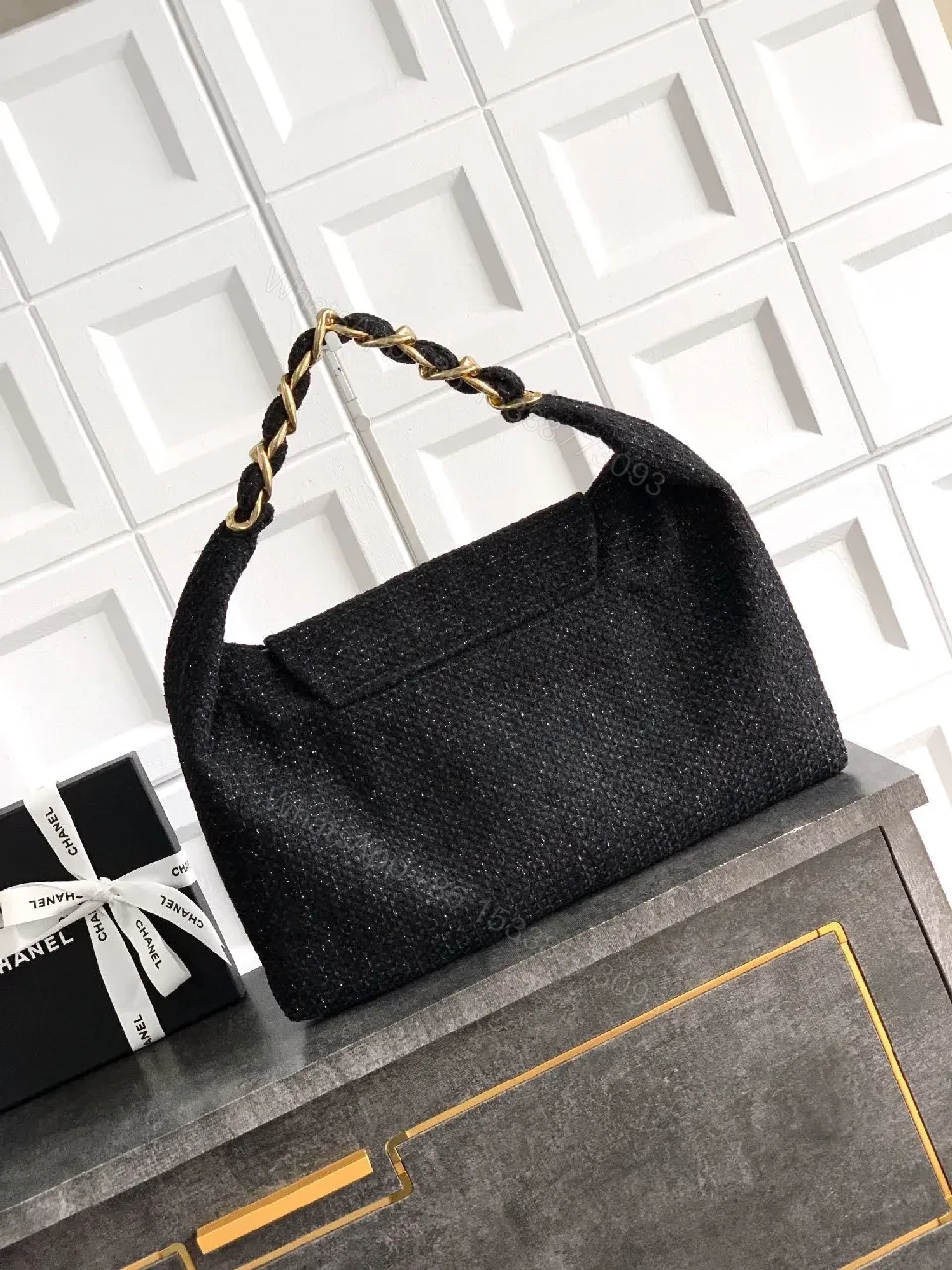 View 9 of Black Tweed Mini Bag with Gold Chain - Luxe Style