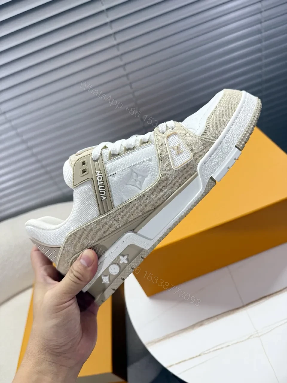 View 8 of White Quilted Leather High-Tops with Beige Suede Overlays