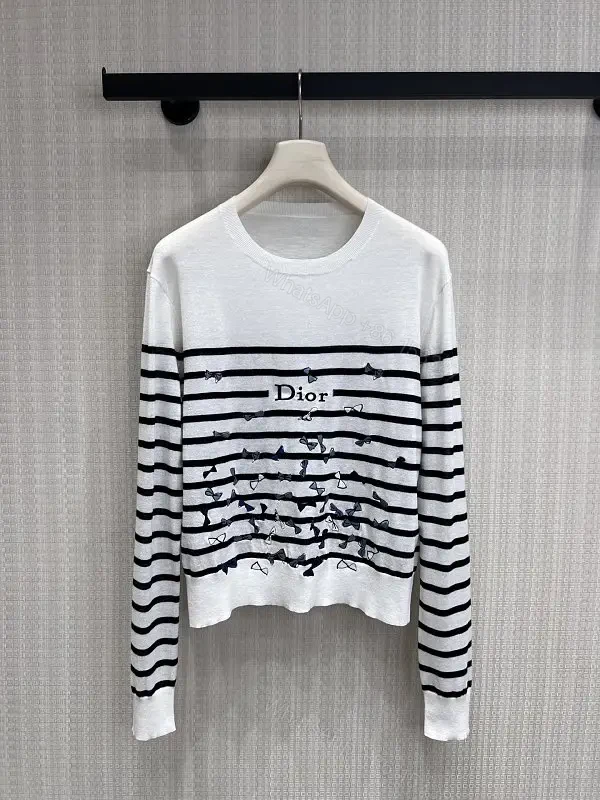 White Knit Top Black Stripes Dior Floral Pattern Crew Neck Crop Top — view 1