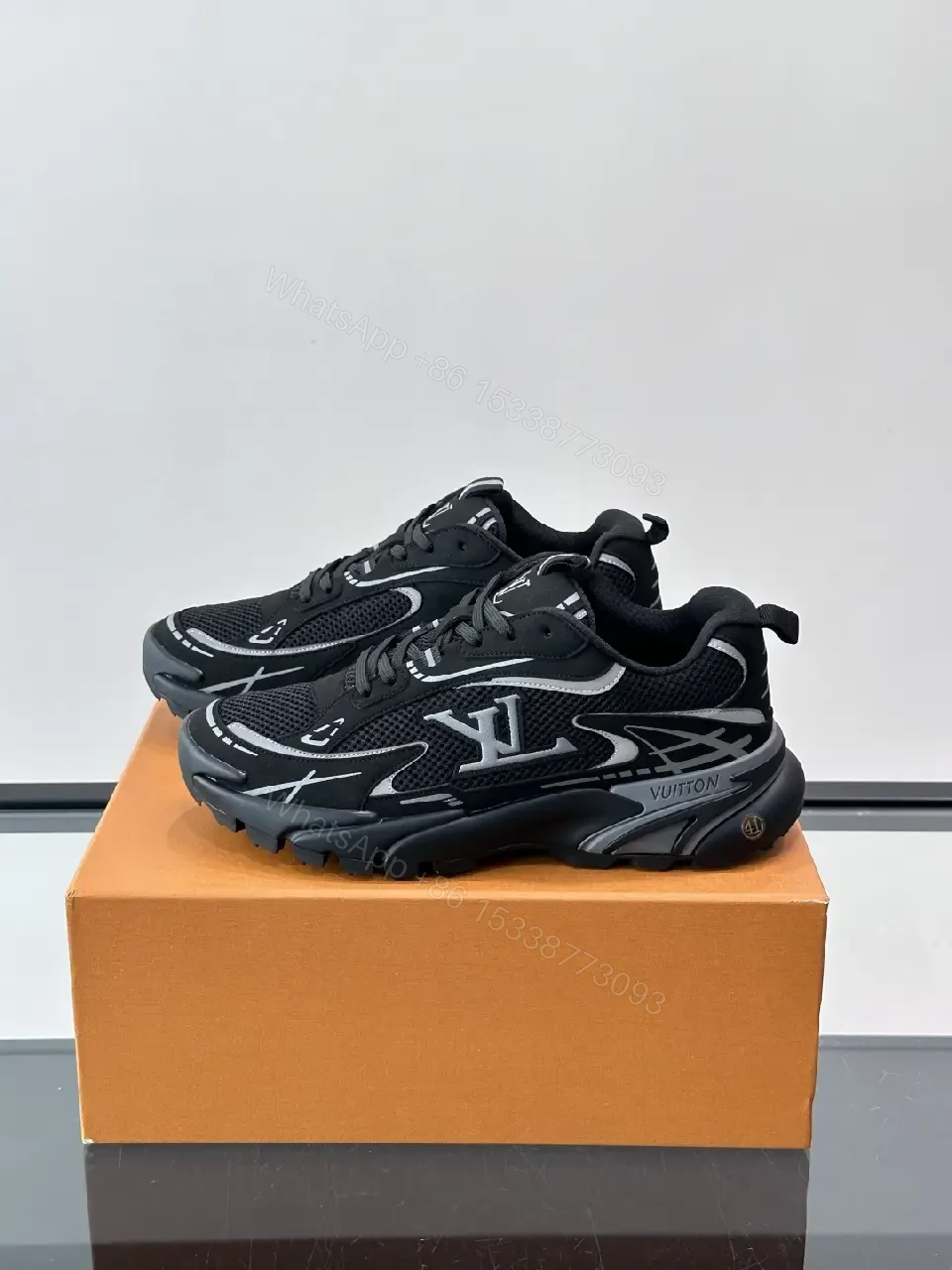 View 3 of Black Mesh Louis Vuitton Style Chunky Sneakers