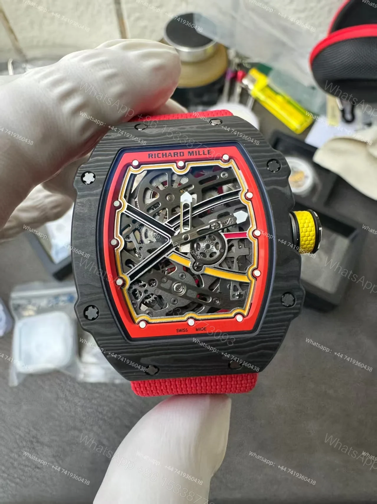 View 4 of Super Clone Richard Mille RM67-02 Carbon TPT Skeleton Tourbillon 1:1 Replica Watch with Red Strap