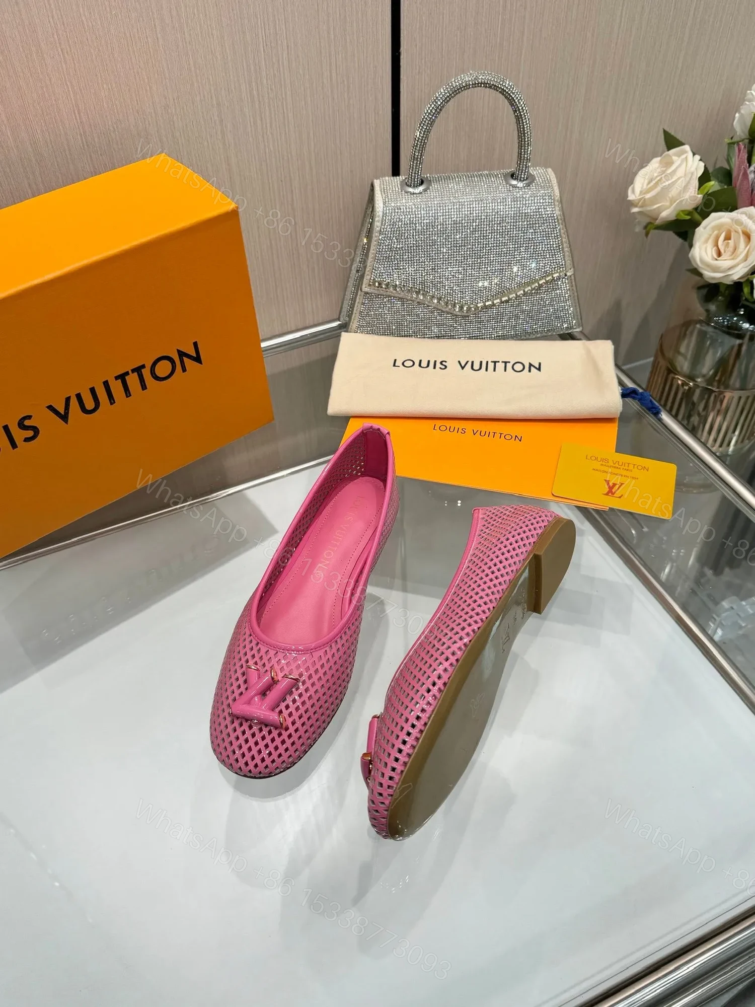 View 5 of LV Women Pink Mesh Leather Ballet Flats
