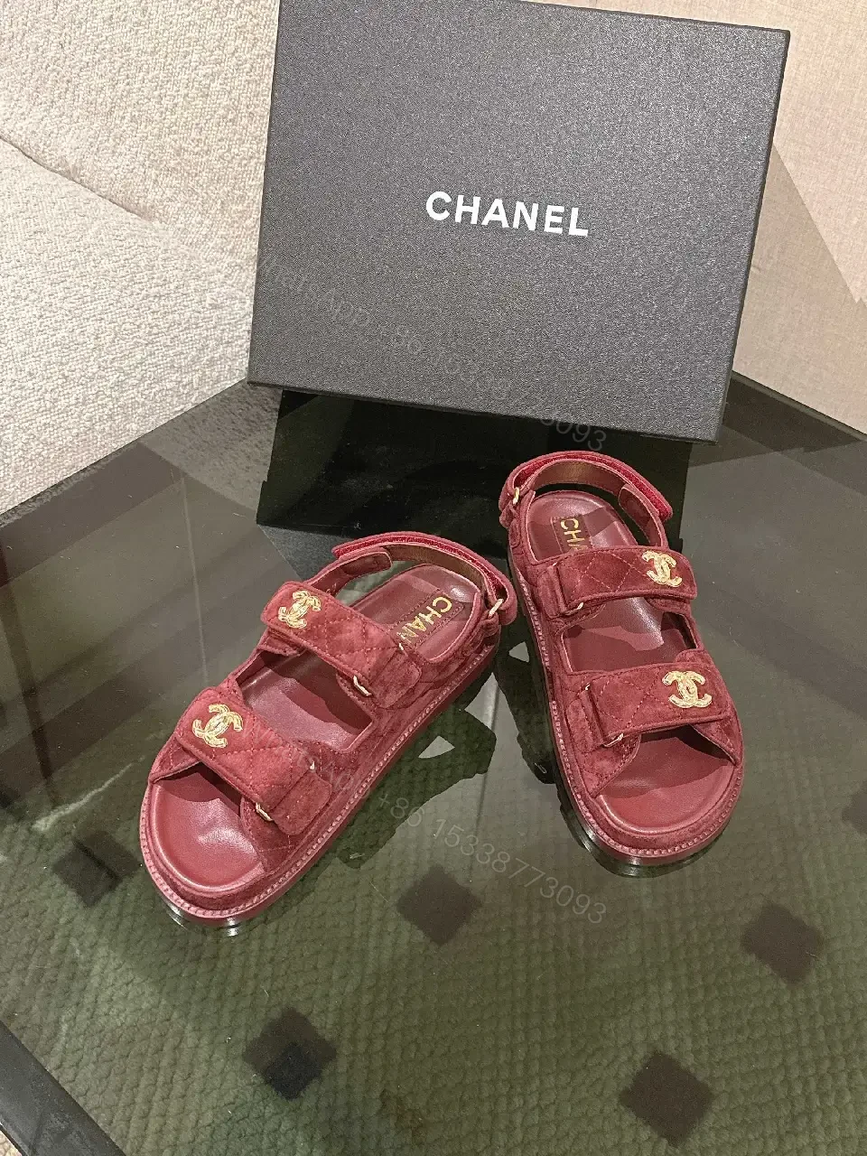 View 8 of Textured Burgundy Suede Slides with Gold Hardware - Luxe Comfort