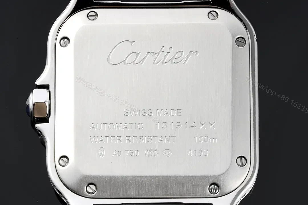 View 5 of JF Factory Santos de Cartier Women’s Watch – Stainless Steel Case, White Roman Dial, Blue Steel Sword Hands, Sapphire Crystal, Interchangeable Stainless Steel and Leather Straps, QuickSwitch System, Double Folding Clasp, 35.1mm x 8.83mm, 100m Water Resistant