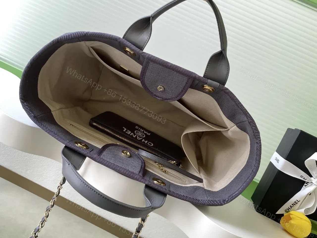 View 7 of Charcoal Canvas Tote: Leather Handles, Chain Accent, Structured Designer-Inspired Tote
