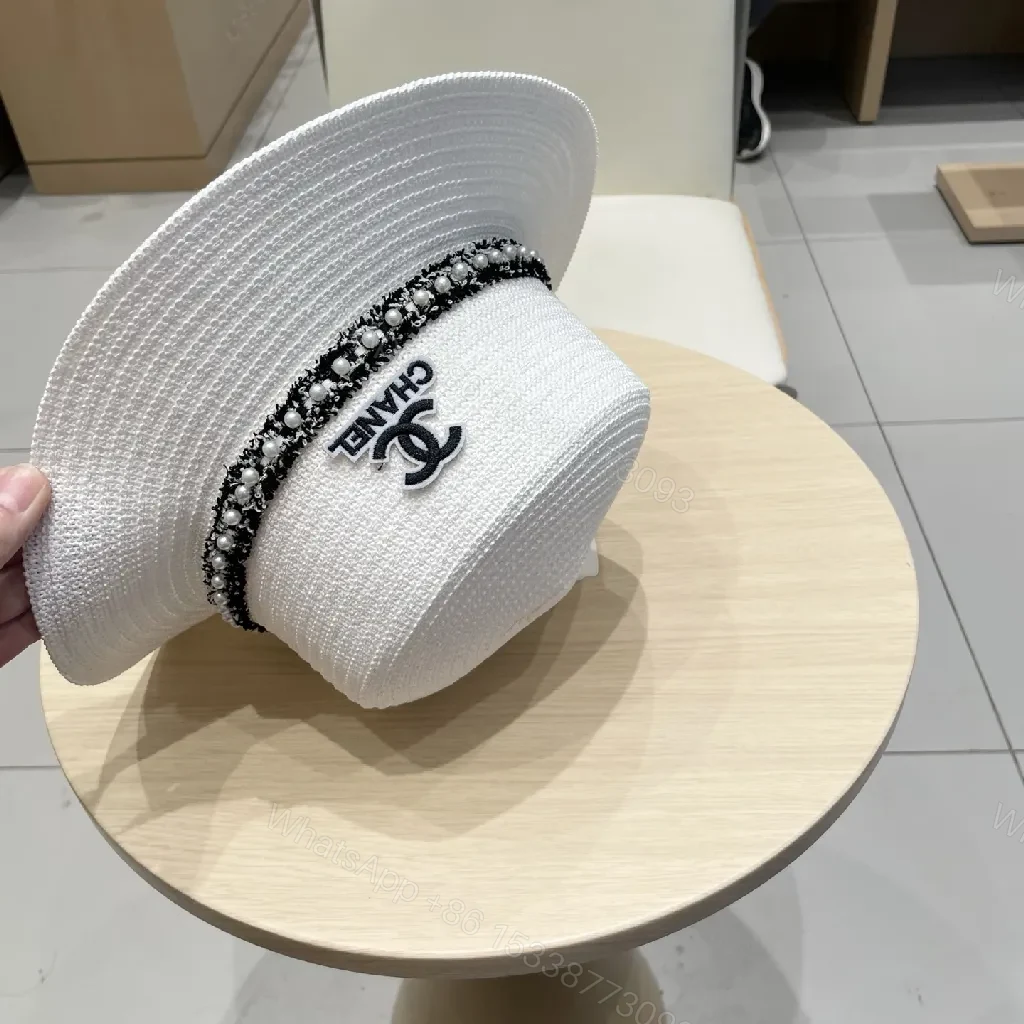 View 5 of White Straw Hat - Braided Texture, Chain Detail, Wide Brim