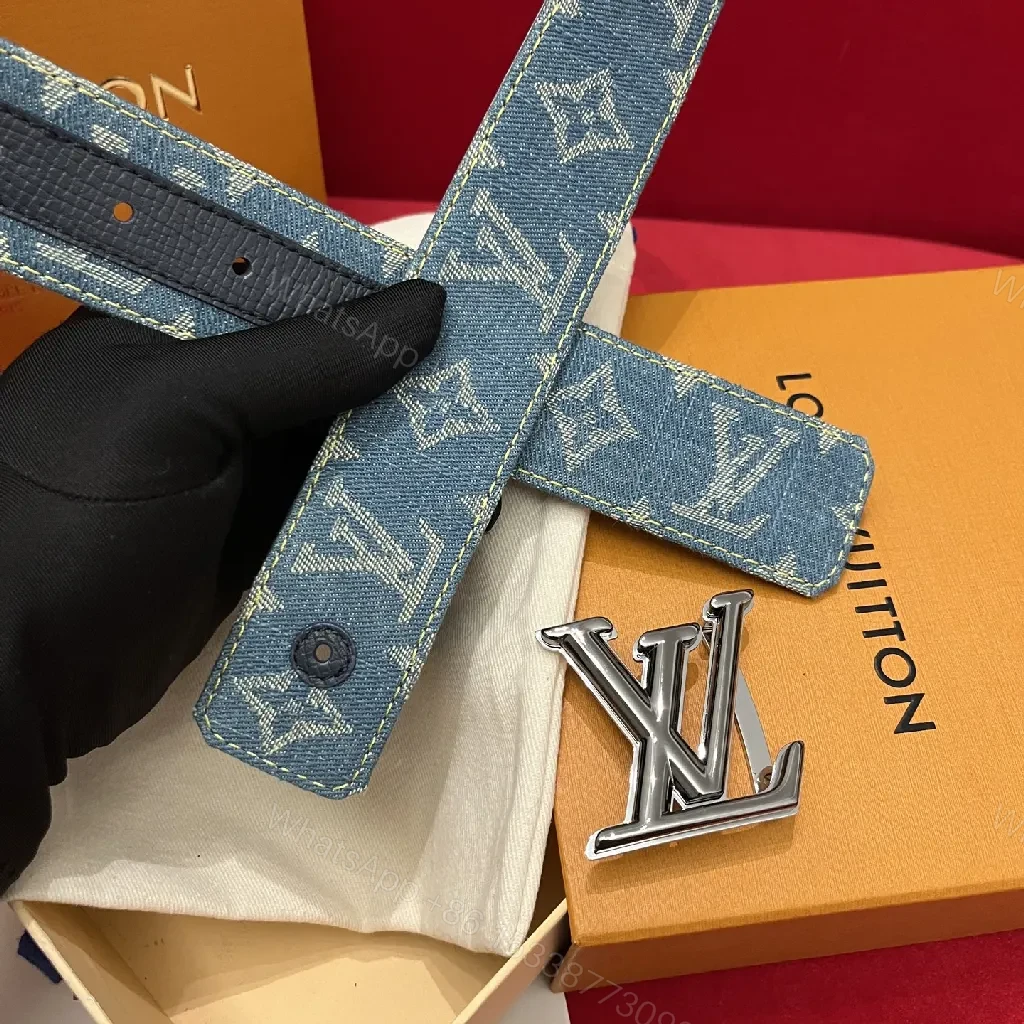 View 5 of Denim Monogram Belt with Silver Buckle - Modern Luxury Signature
